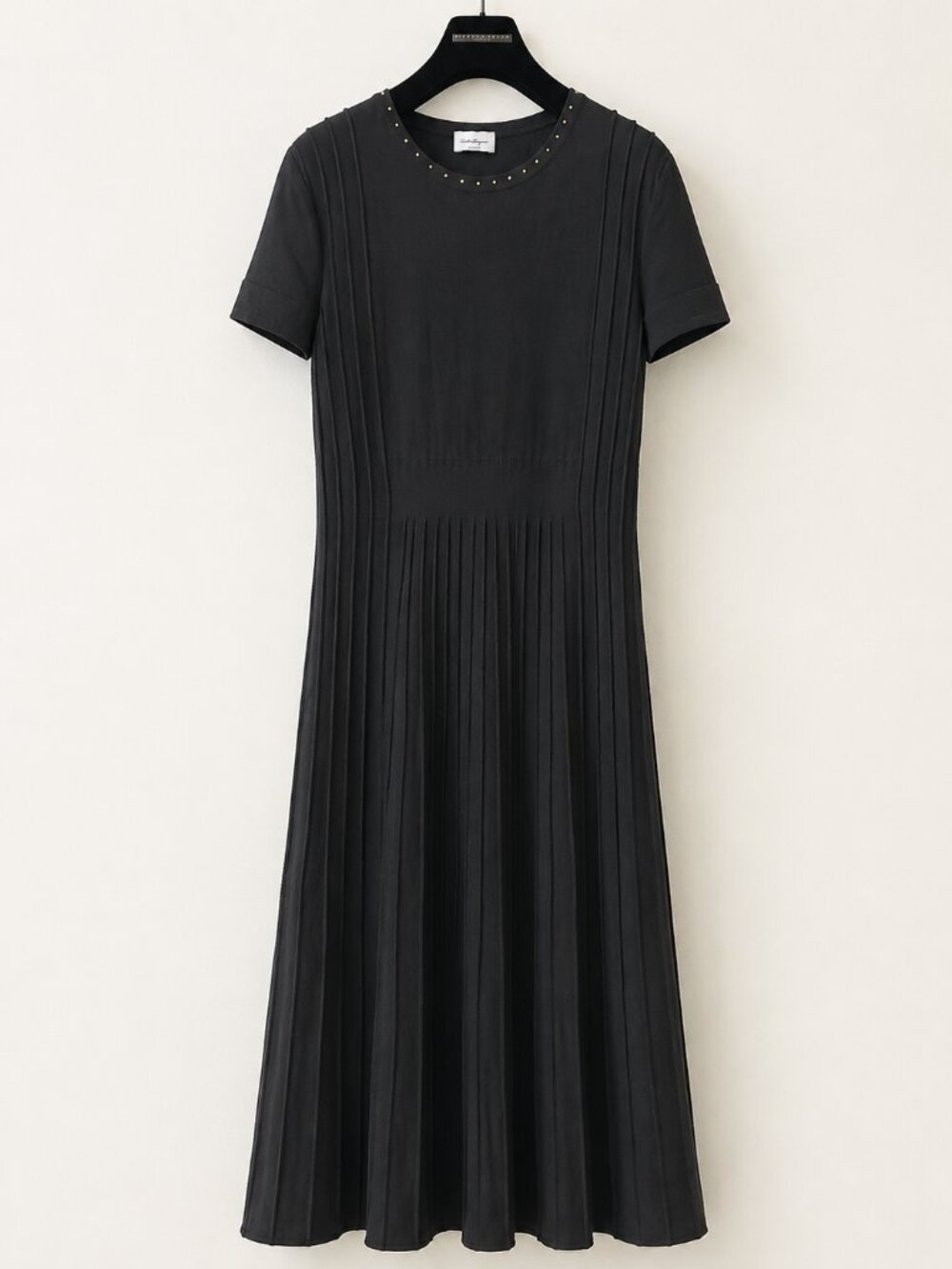 Salvatore Ferragamo Black Pleated Studded Maxi Dress L